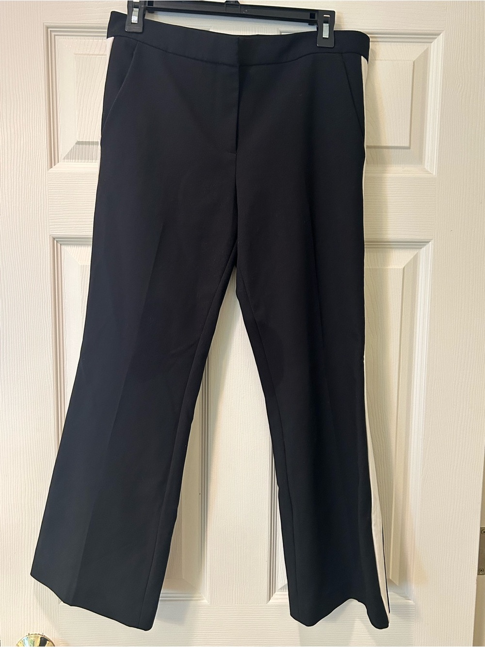 Tibi Black Women’s Dress Pants with White Striped Leg and Subtle Taper